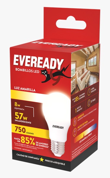 LAMPARA LED EVEREADY EV8A750A-A 8W LUZ AMARILLA