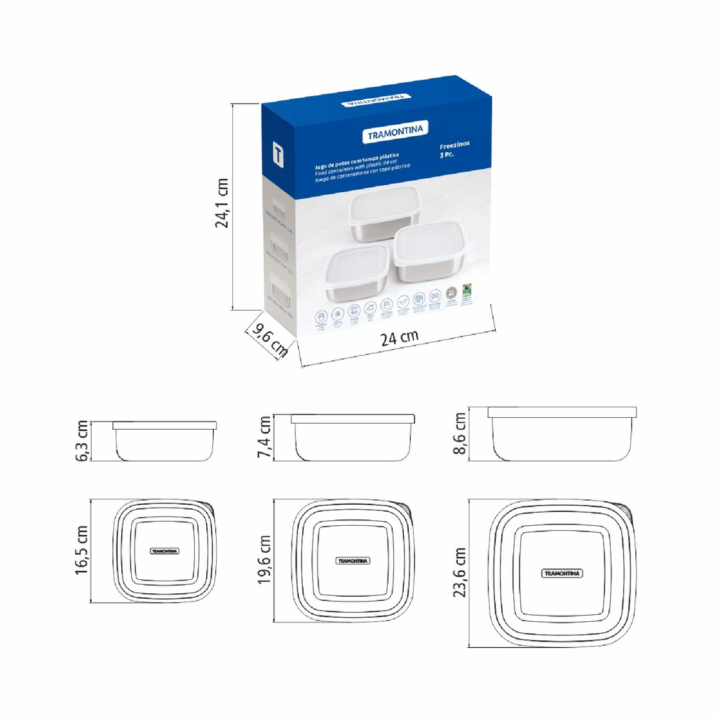 JUEGO CONTENEDORES TRAMONTINA 64220/800 CUADRADOS 16.5-19.6-23.6