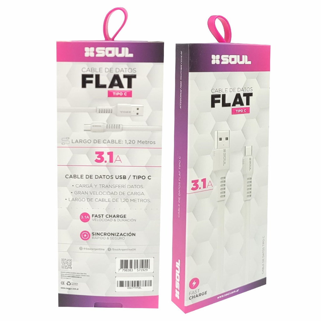 CABLE DE DATOS SOUL FLAT USB-FTYPEBL TIPO C 1.2M