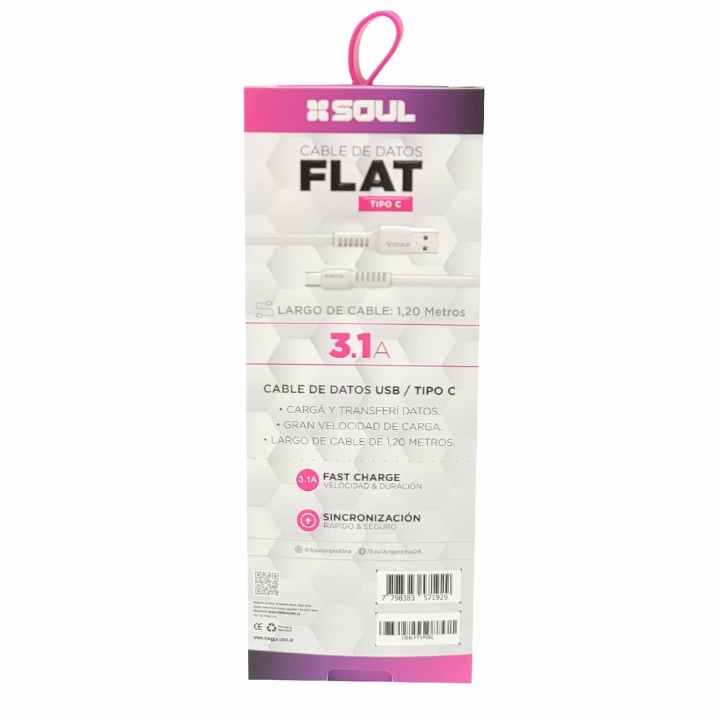 CABLE DE DATOS SOUL FLAT USB-FTYPEBL TIPO C 1.2M