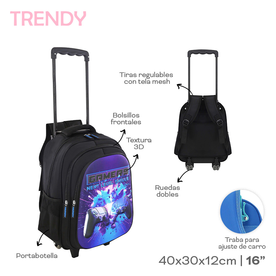 MOCHILA CARRO TRENDY 30124 16" NEGRO