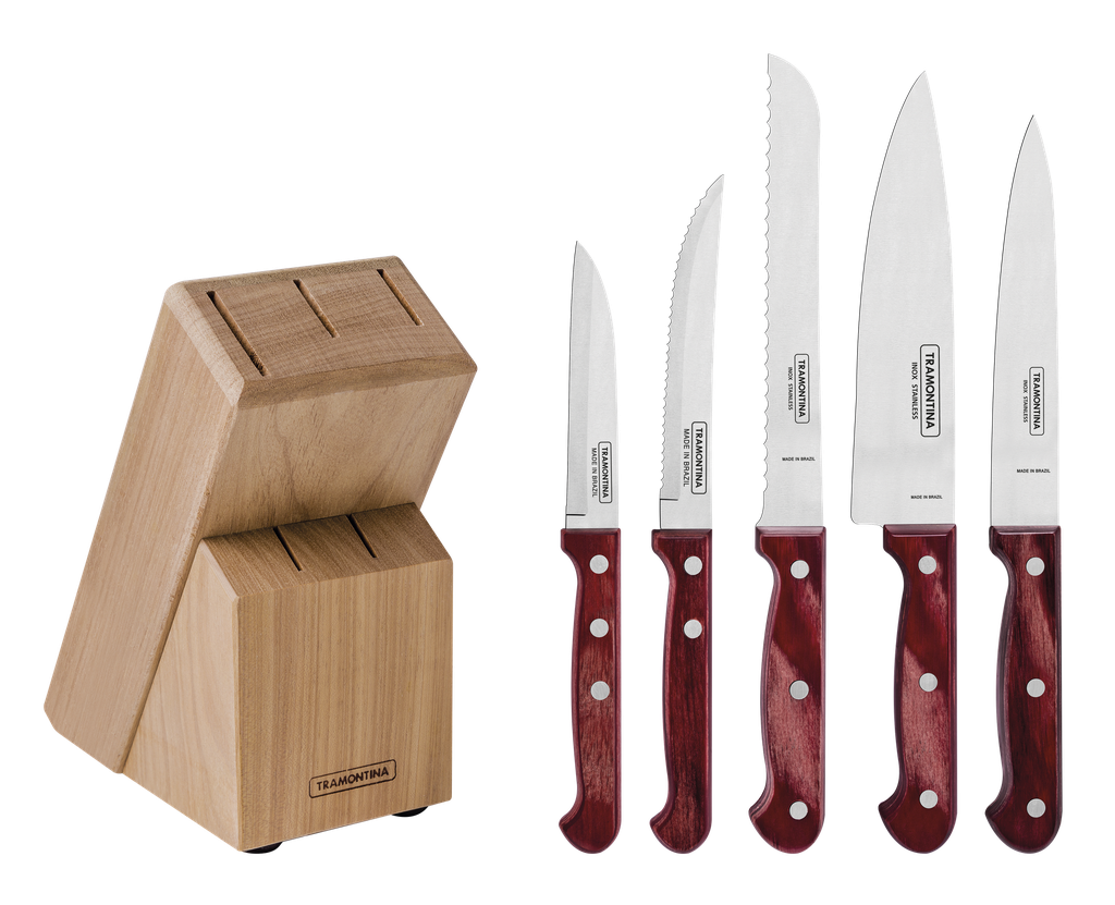 JUEGO CUCHILLOS TRAMONTINA 21199/783 POLYWOOD 6PZS CON TACO MADERA ROJO