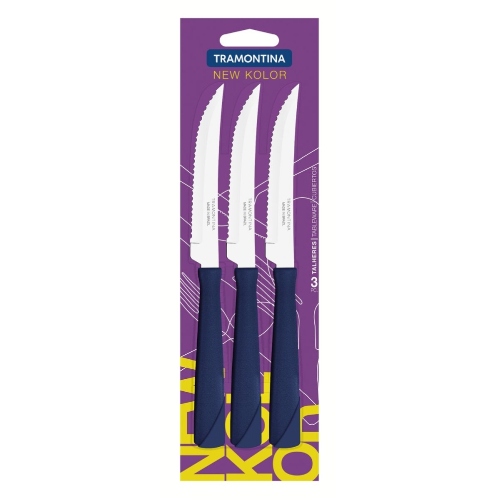CUCHILLO P/ASADO TRAMONTINA 23160/314 NEW KOLOR 3 PZS AZUL
