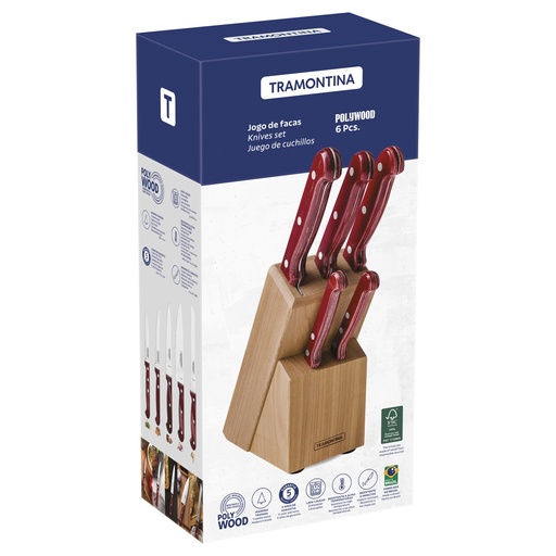 [086-99783] JUEGO DE CUCHILLOS TRAMONTINA 21199/783 POLYWOOD 6PZS CON TACO MADERA ROJO