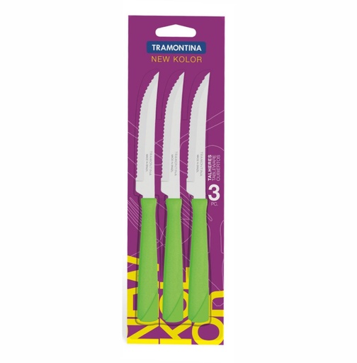 [086-60324] CUCHILLO P/ASADO TRAMONTINA 23160/324 NEW KOLOR 3 PZS VERDE